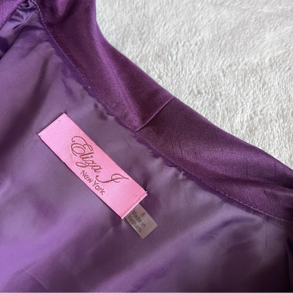 Eliza J Portrait Drape Collar Satin Tea Length Cocktail Gown Dress Purple Sz 8 - Picture 3 of 17